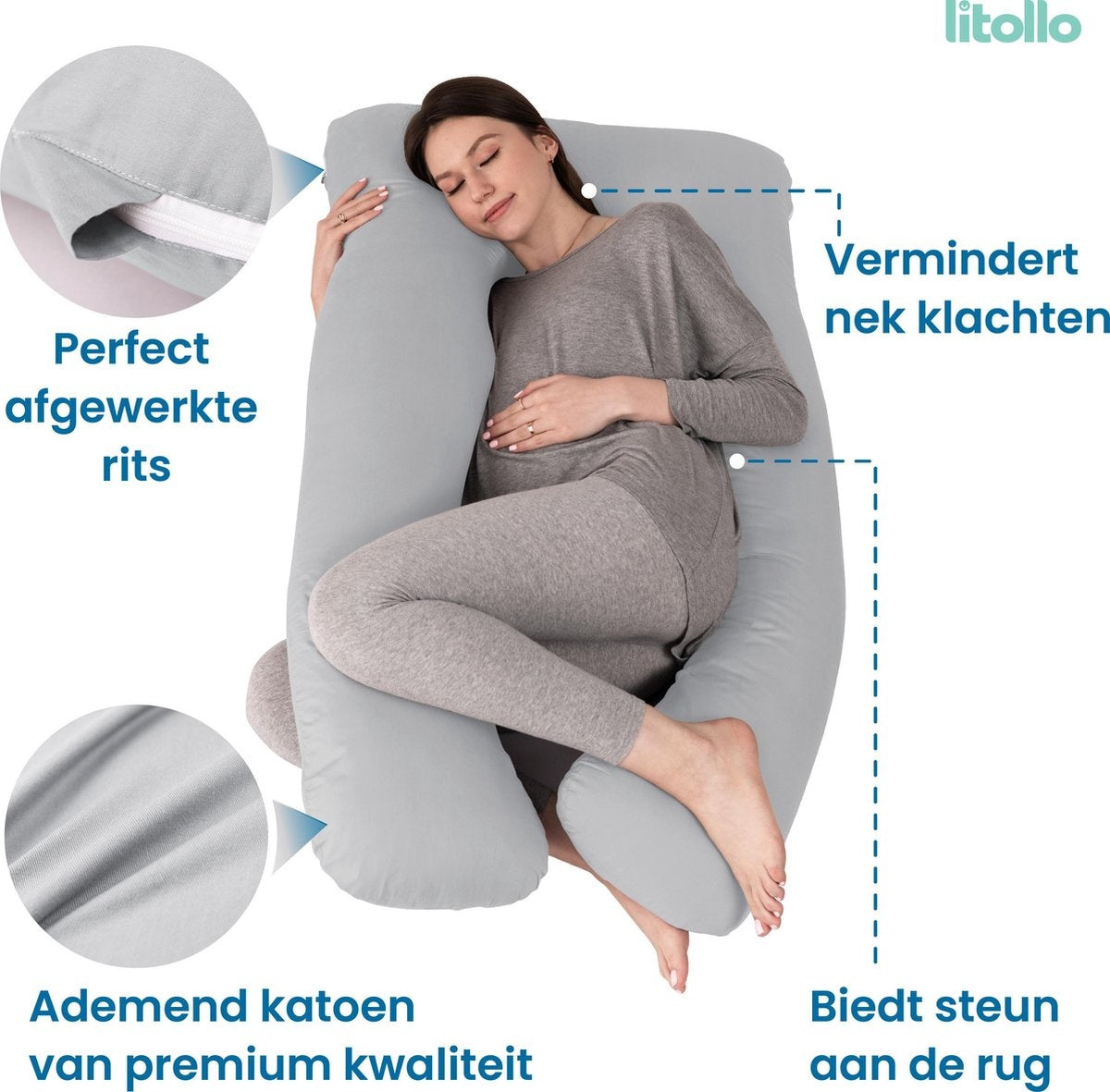 Litollo® Coussin de grossesse XXL - Coussin d'allaitement - Coussin corporel - Oreiller corporel - 280cm - Gris - Avec housse supplémentaire amovible gratuite (d'une valeur de 29,95 €)
