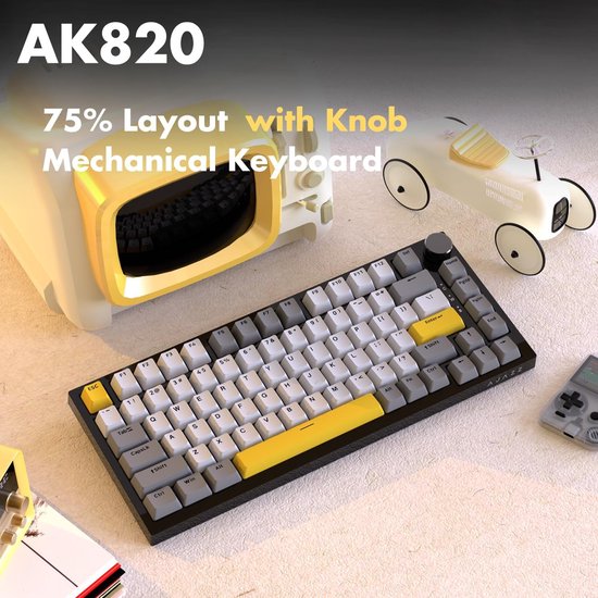 Ajazz AK820 - Clavier gaming RGB filaire à 75 % - Mécanique - Gasket - Hot Swap - Bouton de volume - Claviers QWERTY - 82 touches - Jaune clair de lune