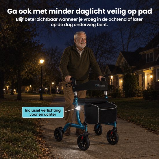 Rollator TrueSafe léger et pliable (6,9 kg) - Pour l'intérieur et l'extérieur - Avec coussin d'assise ergonomique, éclairage, dossier, support pour canne et bien plus encore - Bleu
