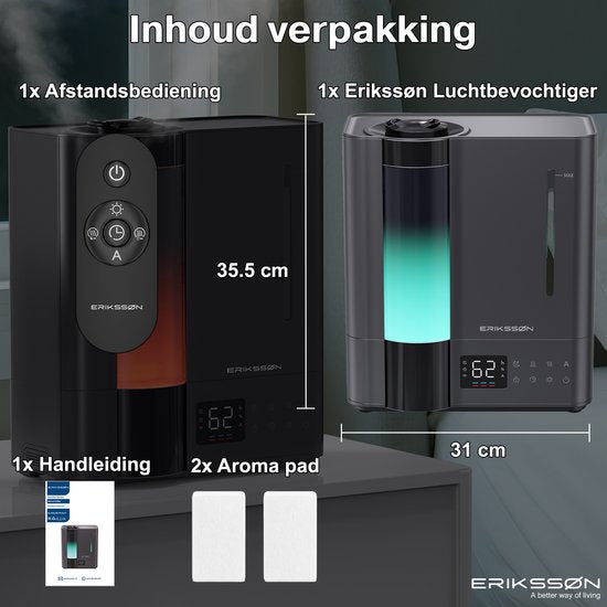 Humidificateur Erikssøn Elite - 8 litres - Adapté au salon, au bureau, à la chambre à coucher, à la chambre de bébé - Humidificateur - Avec fonction d'aromathérapie - Noir