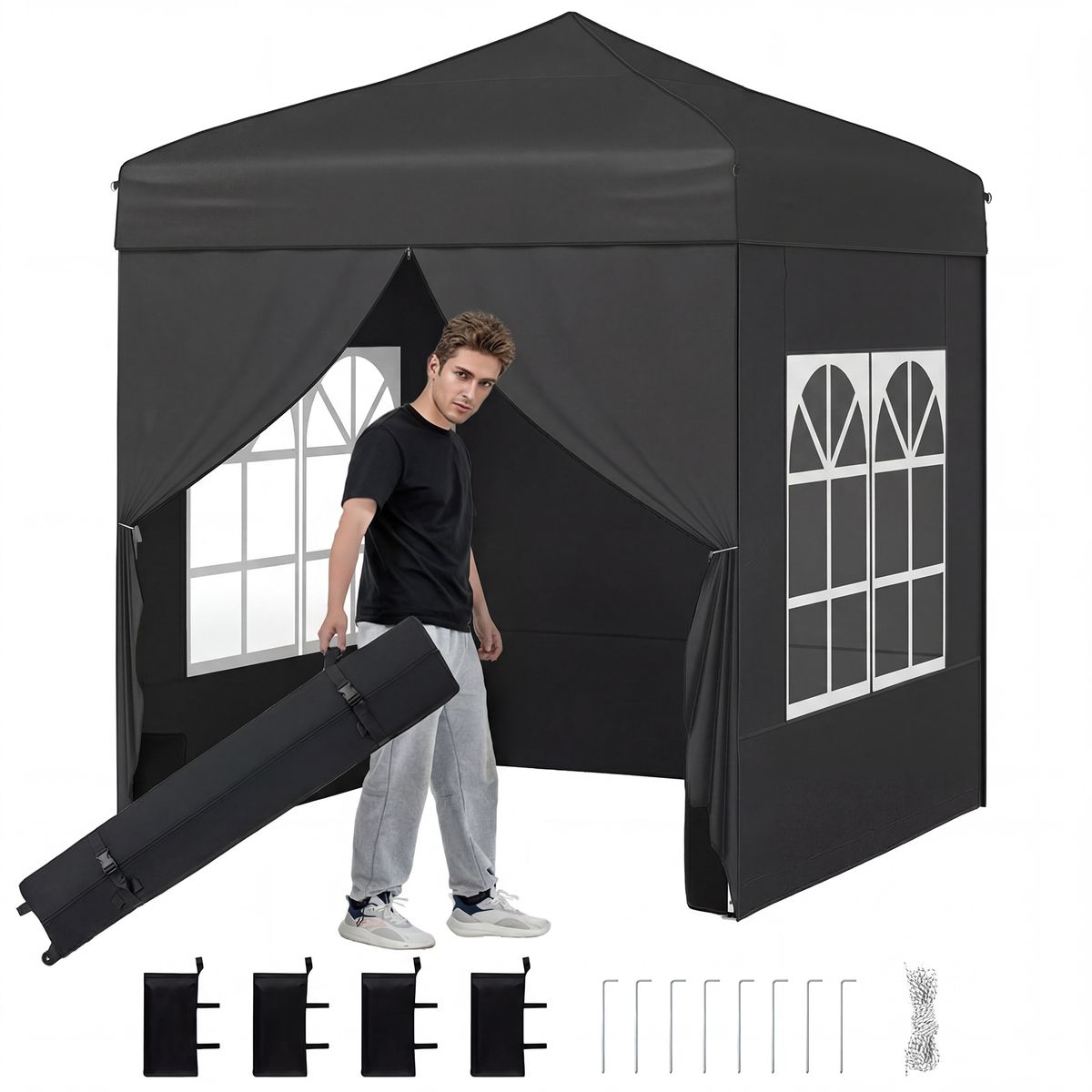 Pavillon de jardin pliable Coast - hauteur réglable - parois latérales amovibles - gris/noir/blanc 2 x 2 m