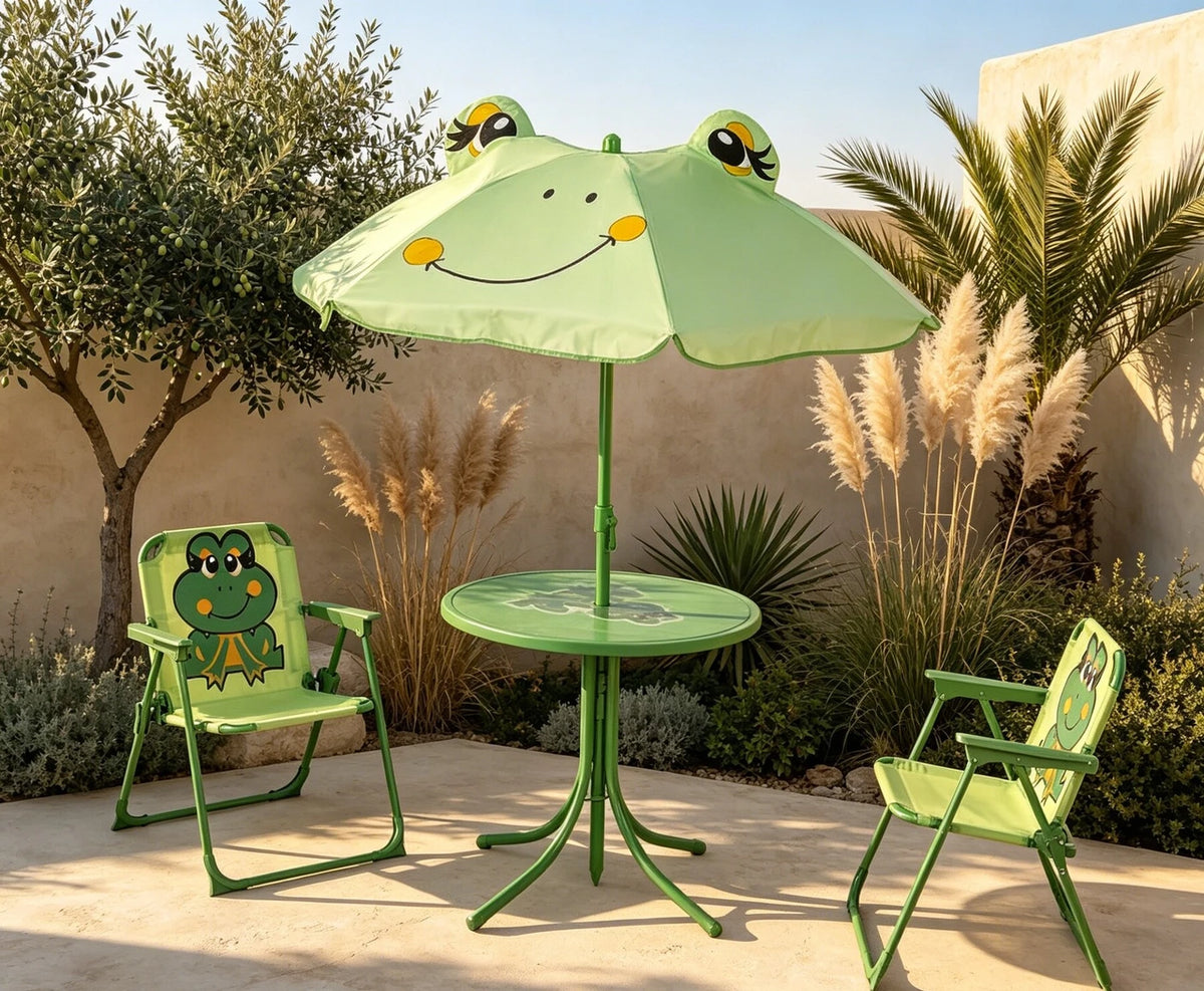 Ensemble de salon d'extérieur pour enfants Terrabeta - 2 chaises, une table et un parasol - Motif grenouille - Table ø 50 cm - Vert