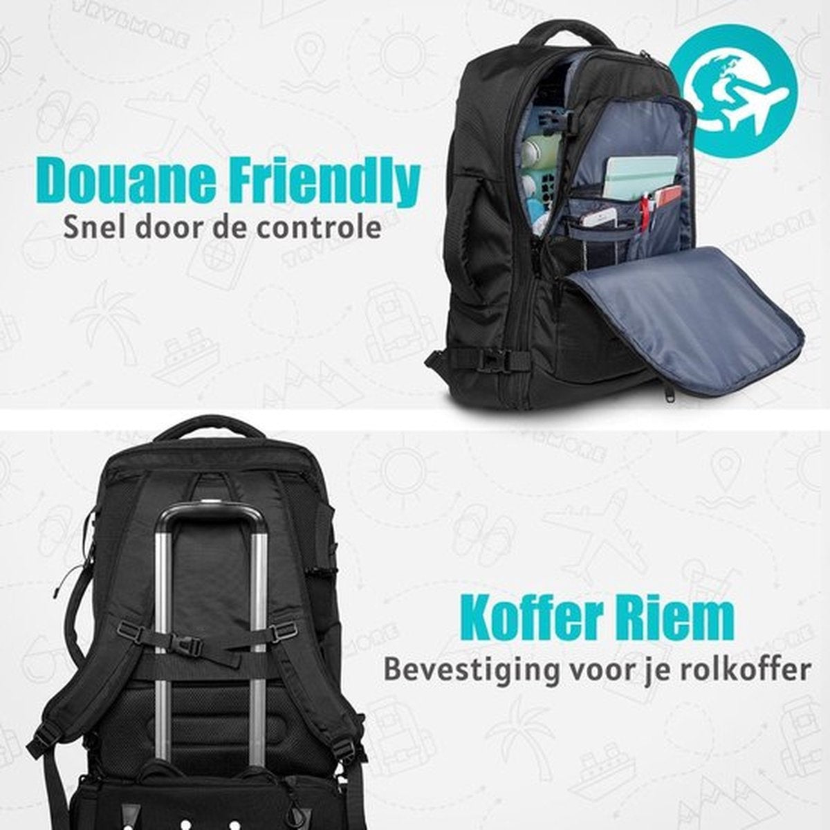 TRVLMORE Travel Bag - 40L - Backpack - Hand Luggage Weekend Bag - Backpack - Splashproof Black