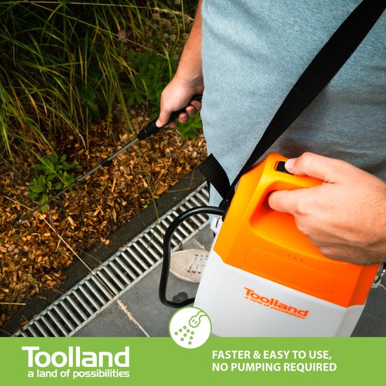Pulvérisateur Toolland, électrique, batterie rechargeable, lance télescopique, buse réglable, sangle d'épaule, 6 litres, blanc/orange/noir