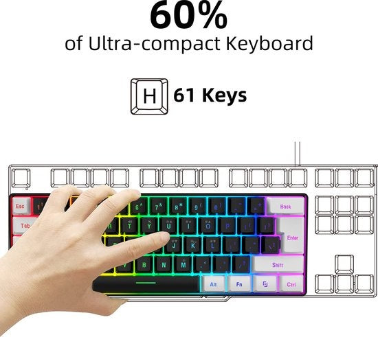 HXSJ V700 RGB Clavier de jeu compact Qwerty 61 touches Effet rétroéclairé Noir/Blanc