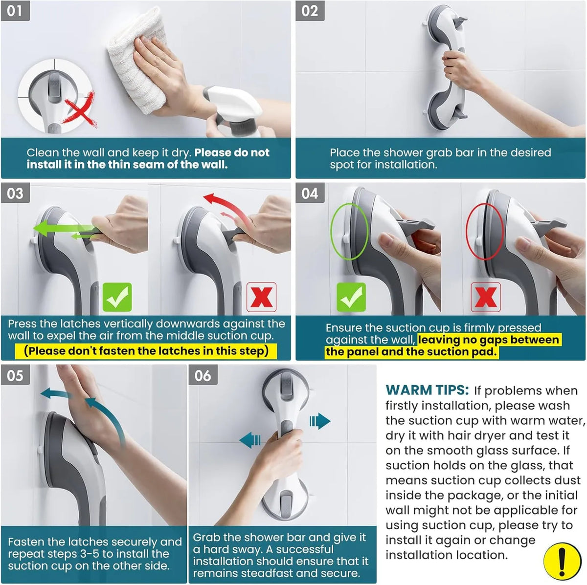 Poignées de douche Taili avec ventouses - 2 pièces - 30,5 cm - Sans perçage - Gris