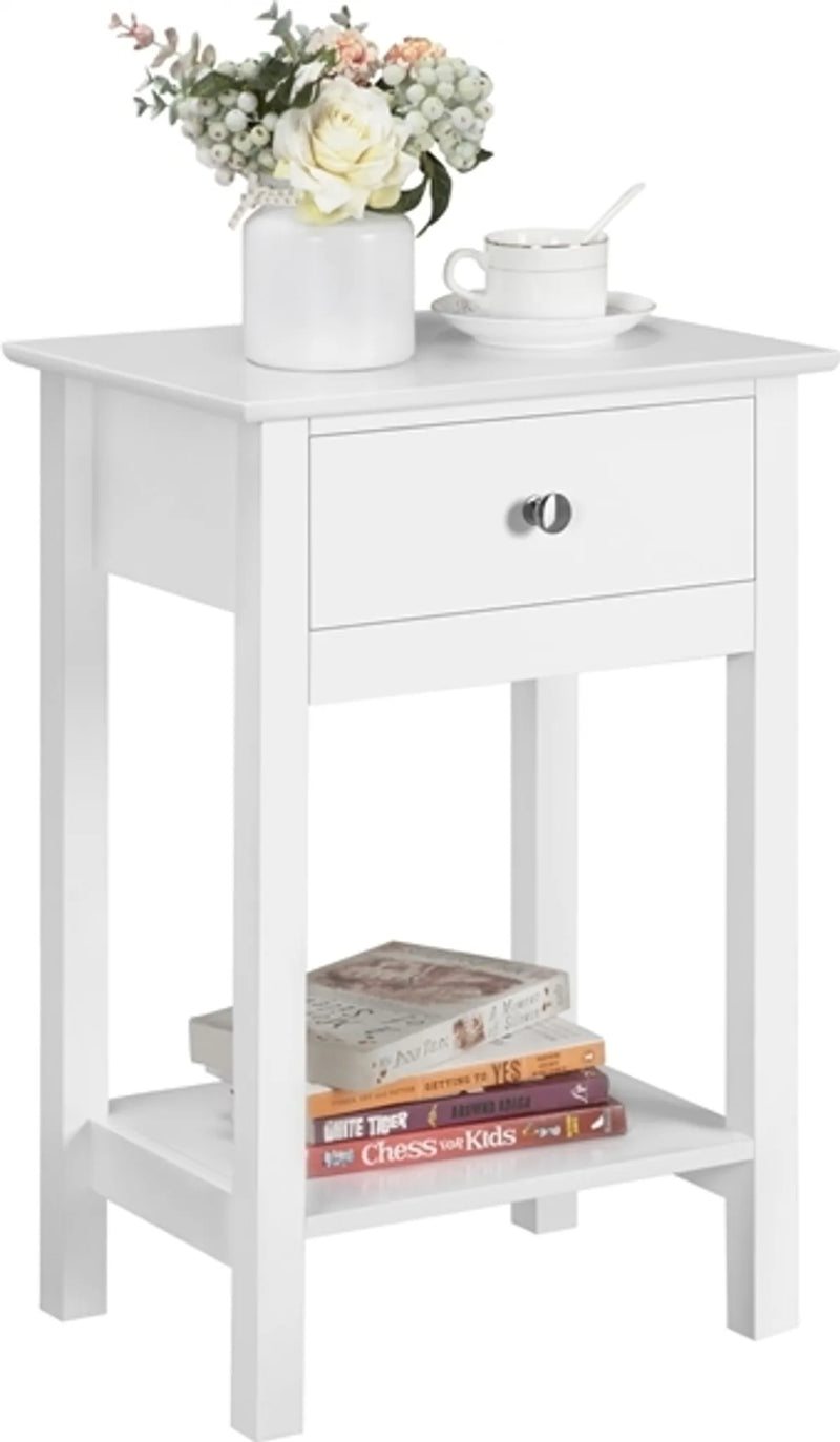 Yaheetech : table de chevet design avec tiroir et étagère, 40 x 30 x 61 cm – Blanc intemporel – MDF