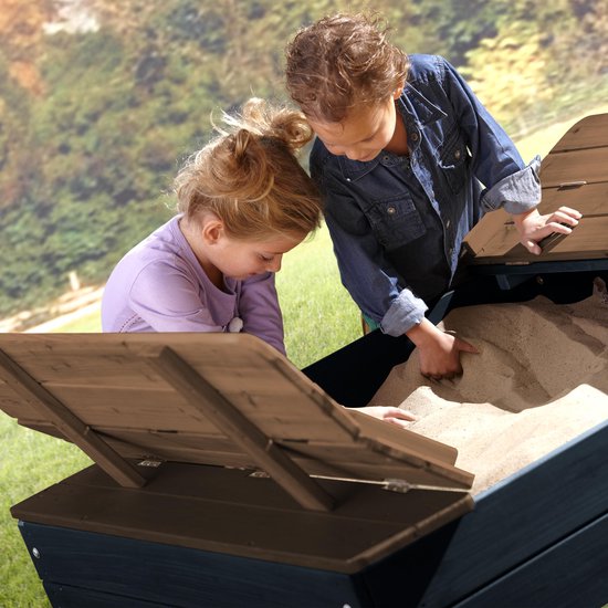 AXI Ella XL Bac à sable en bois anthracite/marron- Avec bancs et couvercle - Bois certifié FSC - 120x120x20cm - Bac à sable pour enfants