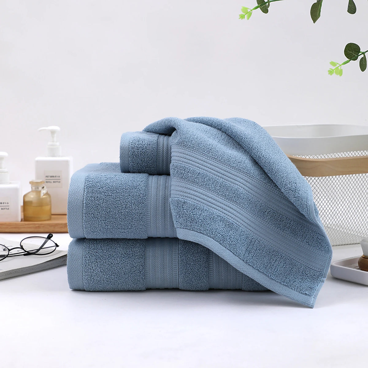 Lot de 4 serviettes de bain Tuqiang - Bleu - 100 % coton, fil brossé