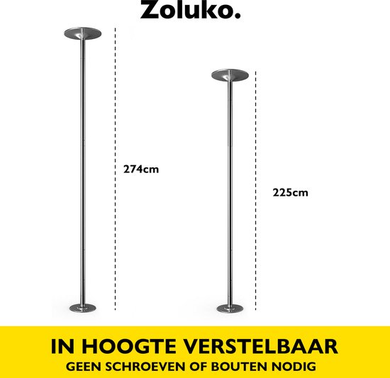 Zoluko Professional Dance Pole - Hauteur réglable : 2,24 m à 2,74 m - Rotatif et statique - Capacité de charge de 200KG - Pole Dancing - Pole Dance - Argent/Chrome
