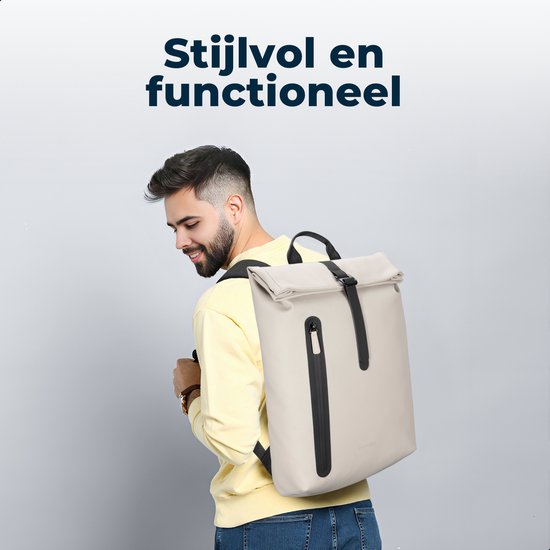 Sac à dos Pathsail Rolltop - 13,5 L - 15,6 pouces - Beige - Hydrofuge - Boucle métallique - Compartiment pour ordinateur portable