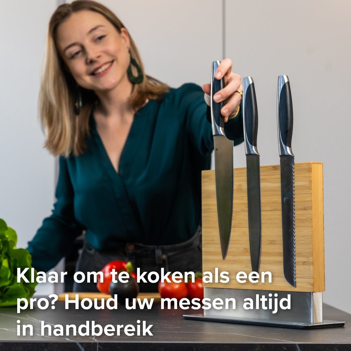 Coninx Vertico Messenhouder Magnetisch - Magneet Tweezijdig - RVS voet - Messenblok zonder messen - Bamboe