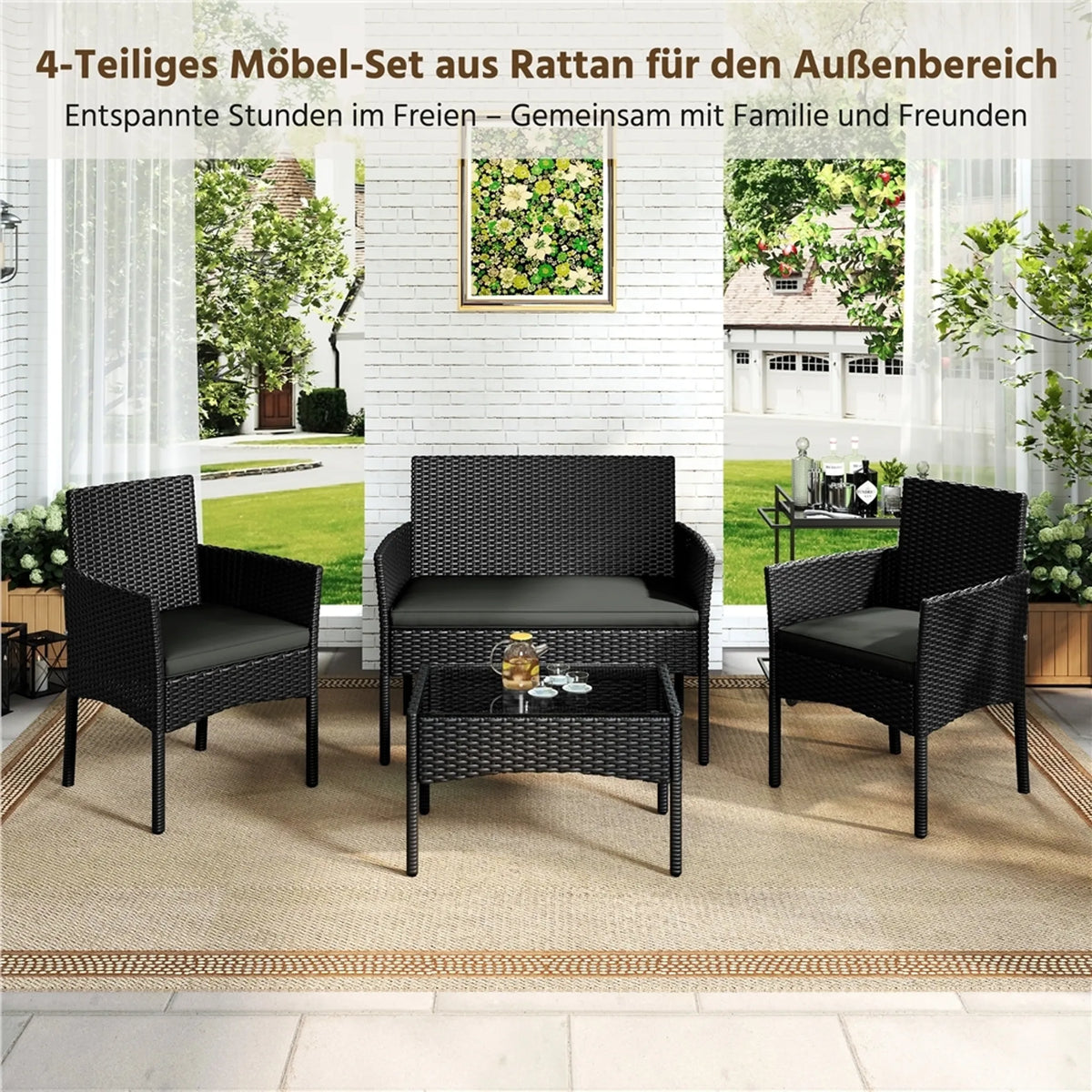 Yaheetech Garden Set Lounge Set 4-Piece - 100 x 59.5 x 83.5 cm - Equipé d'un plateau de table en PE-Rattan tressé à la main et de coussins lavables - Pour le jardin et le balcon - Polyéthylène noir et métal