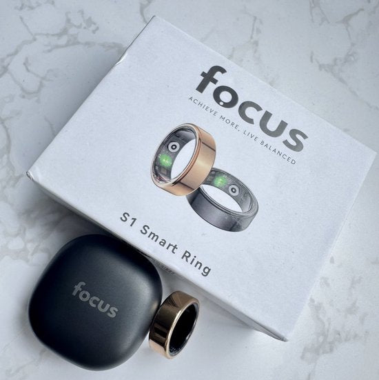 Bague connectée - Smart Ring Focus® S1 - Taille 9 - Fréquence cardiaque - Cycle menstruel - Moniteur de sommeil - Performance sportive - Podomètre - Etanche à l'IP68 - Mesure de l'O2 - Femmes - Hommes - Etui de recharge - Or