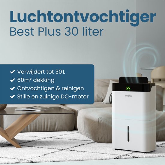 Déshumidificateur et purificateur d'air Auronic - Better Plus Series - Déshumidifie 30L par jour - Réservoir d'eau de 5L - Chambre à coucher, salle de bain, salon et bureau - Dévoreur d'humidité pour la maison - Blanc