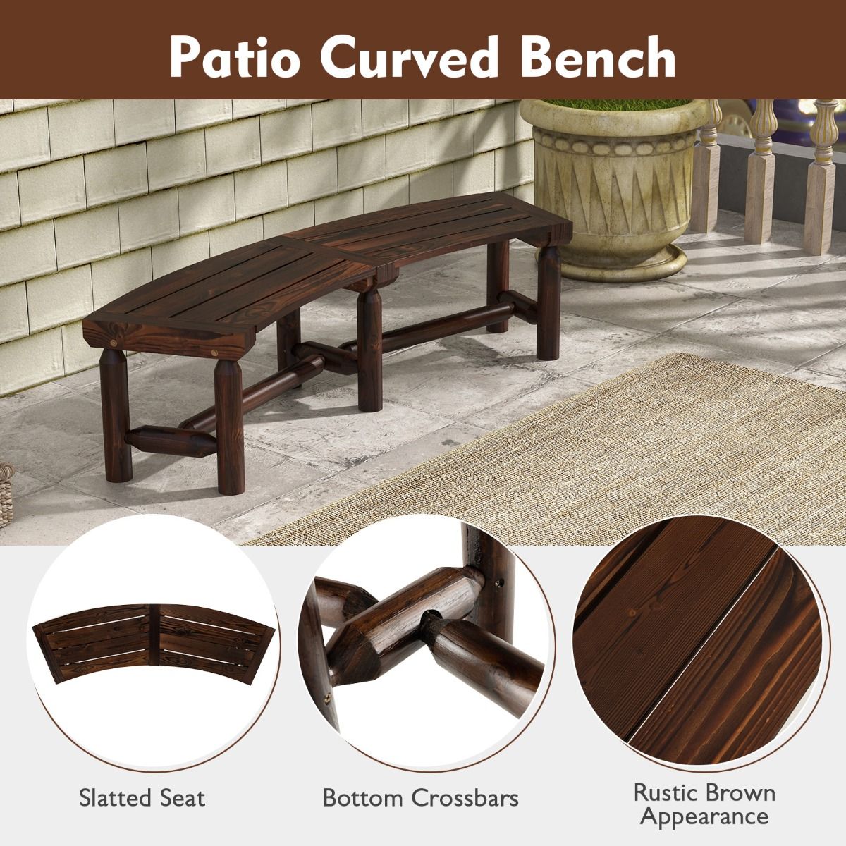 Banc de jardin Coast sans dossier - design incurvé - 2-3 places - marron rustique 139 x 36 x 41 cm