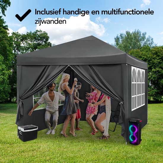 Brixy Party Tent - pliable - facile à monter - 3x3m - étanche - pavillon avec parois latérales - sac de transport inclus - noir