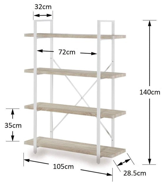 Armoire murale Sturdy, Bibliothèque ouverte, Design industriel - 105x32x140 cm, Blanc