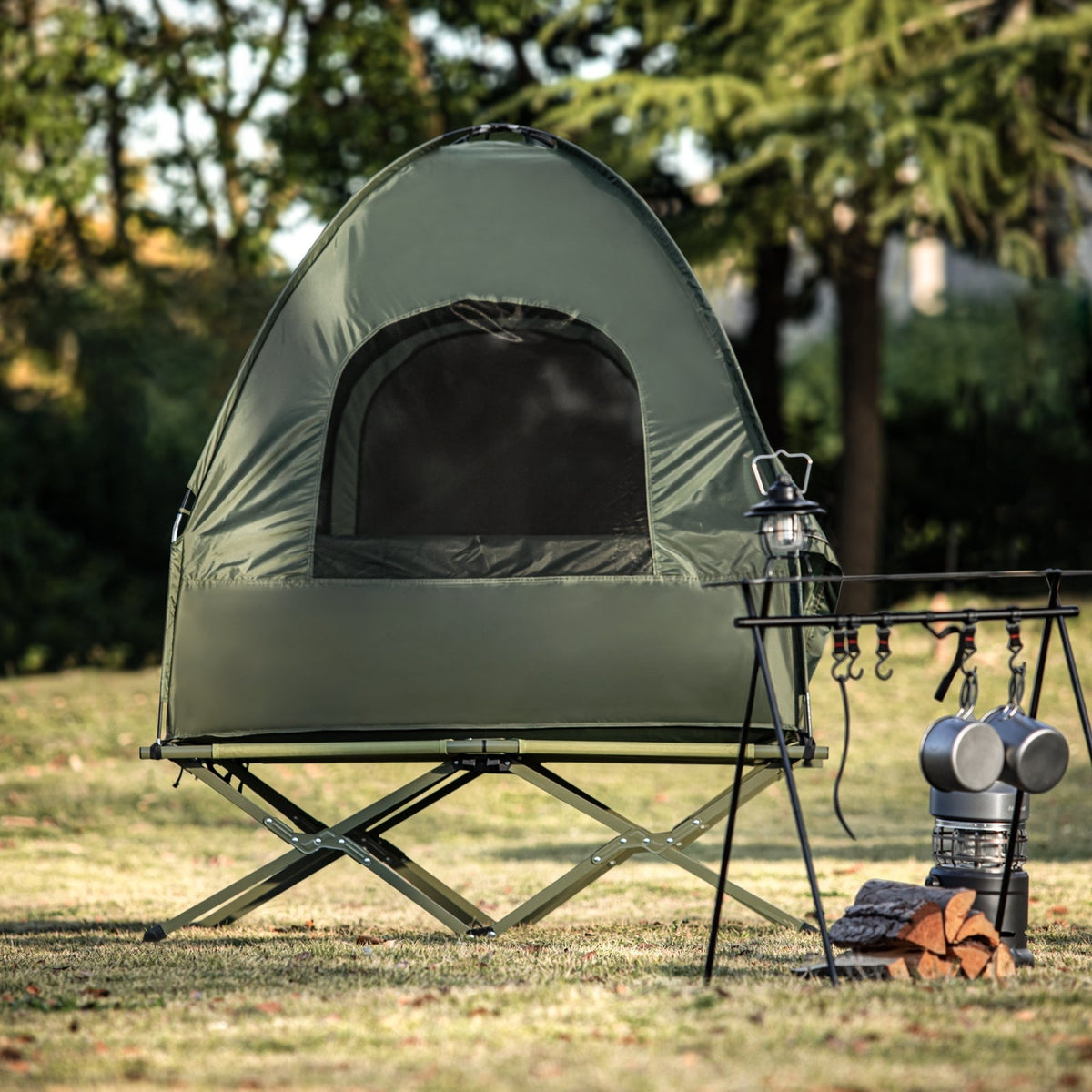 SoBuy - Lit de Camping avec Tente 2 Personnes - 193 x 145 x 188 cm & 7-In-1 Set - Inclut Airbed Schlafsäcken et Foot Pump - Pour l'extérieur et les festivals - Polyester Vert et Métal