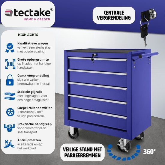 tectake® - Chariot à outils avec 5 tiroirs - bleu - 402798
