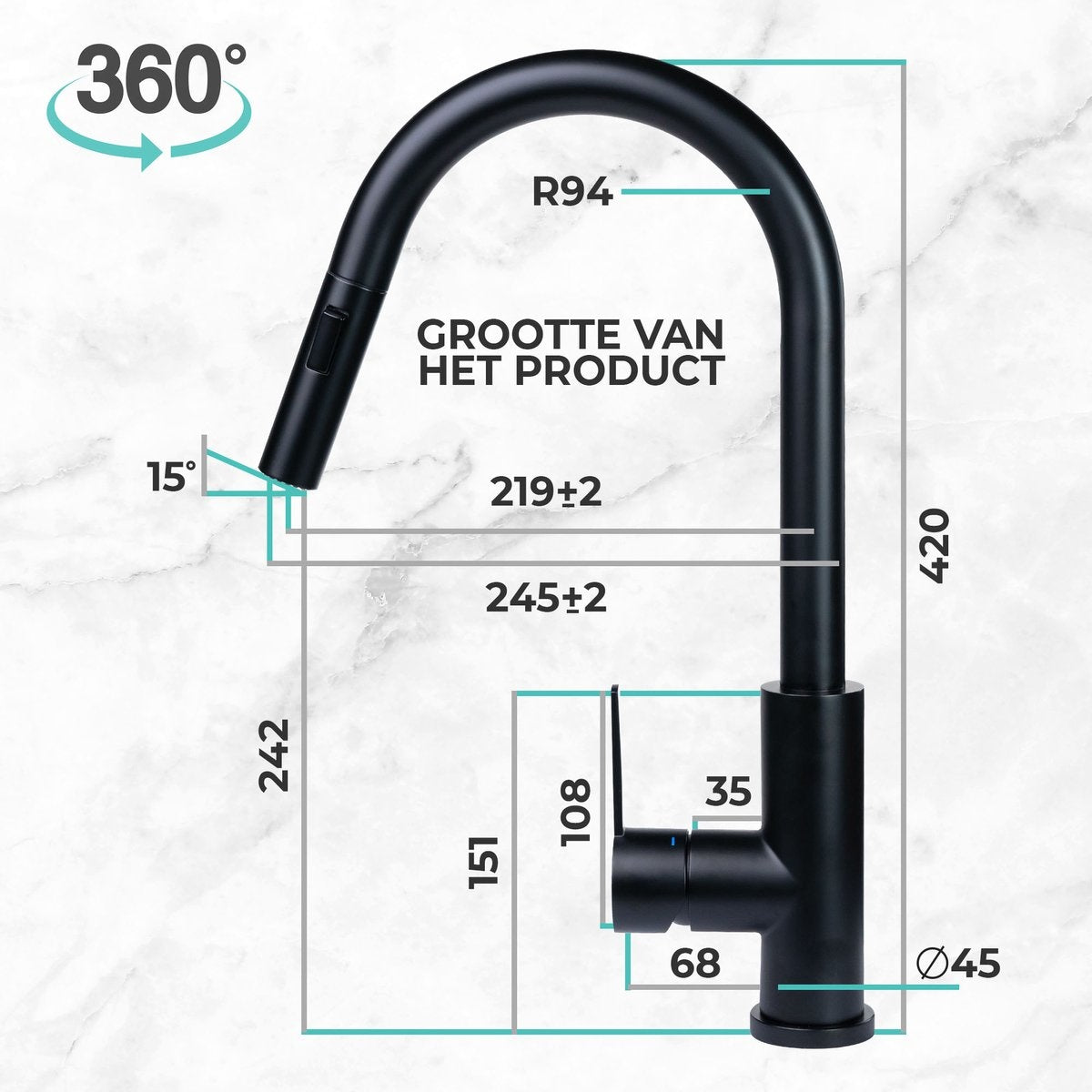 Mizzo Trigo Robinet de cuisine avec douchette extractible - Mélangeur haut 44 cm - Mat - Noir