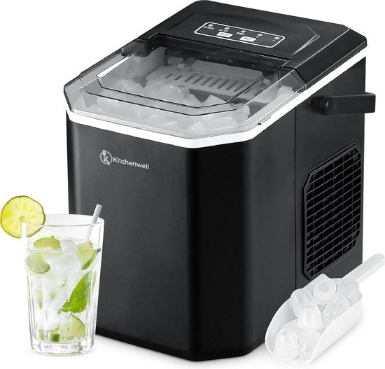 Kitchenwell Machine à glaçons - 1.3L - Machine à glaçons avec cuillère à glace - 12kg/24 heures - Fonction auto-nettoyante - Portable - Noir