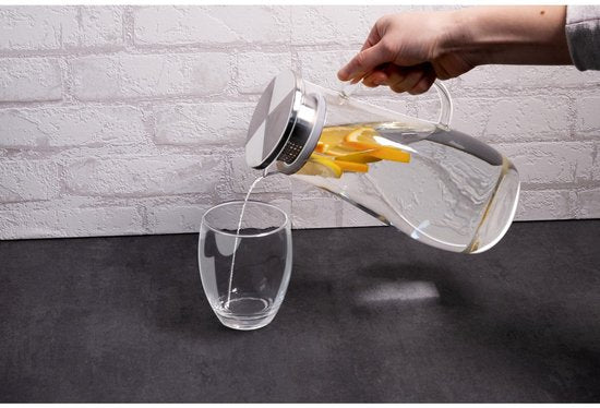 Pichet en verre Alpina 1,4 L - Pichet avec couvercle et filtre en acier inoxydable - Carafe en verre borosilicaté - Pichet transparent pour boissons froides et chaudes