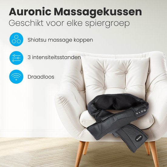 Auronic Shiatsu Massage Cushion - électrique - sans fil - appareils de massage - cou et épaules - infrarouge - étui de transport inclus - noir