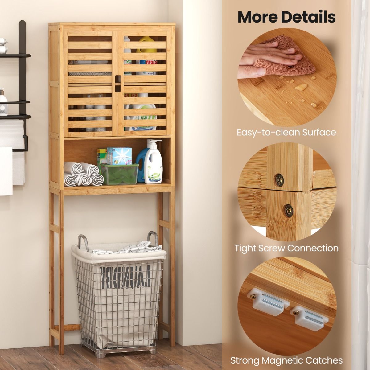 Coast Meuble de salle de bains à placer au-dessus des toilettes - meuble de rangement haut en bambou à 2 portes - peu encombrant - naturel - 62 x 23 x 170 cm
