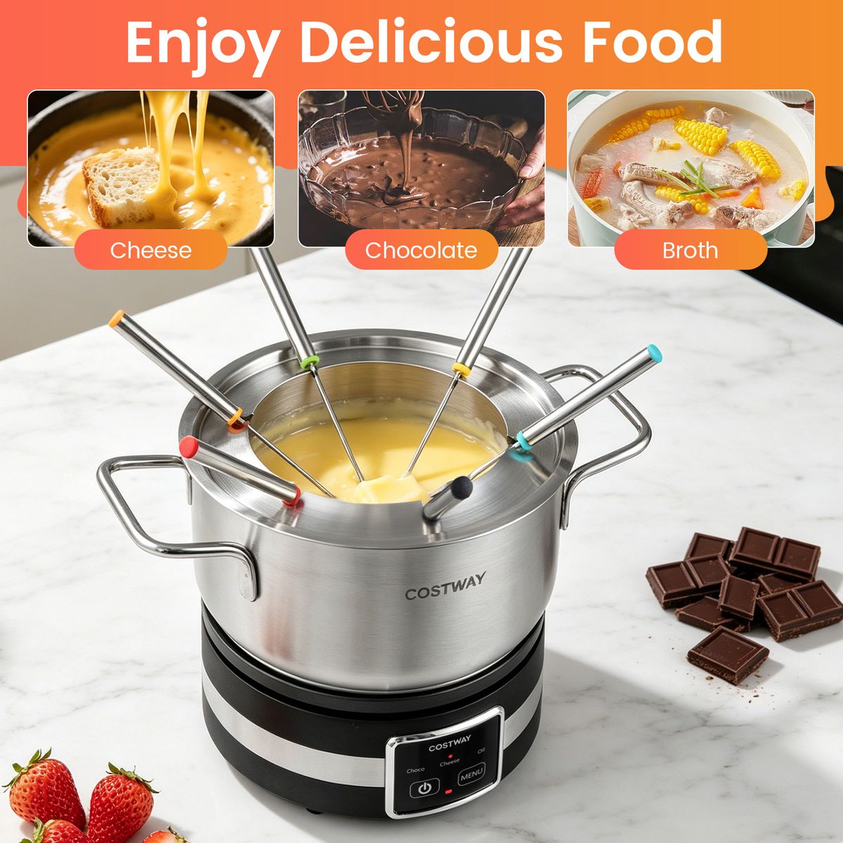 Ensemble à fondue électrique Coast - 1 200 W - Régulateur de température - Cuve amovible en acier inoxydable - Argent et noir