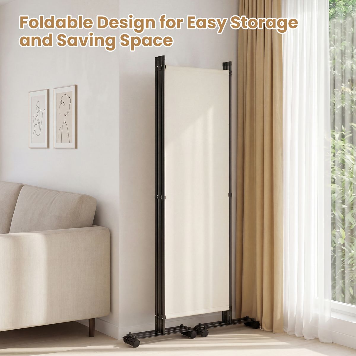 Coast : paravent à 4 panneaux sur roulettes - pliable - protège de la vue - beige - 1 pièce