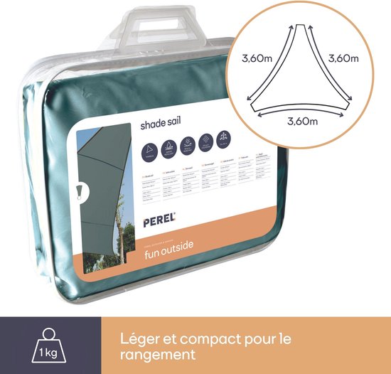 Perel Toile d'ombrage, hydrofuge, 3,6 x 3,6 x 3,6 m, 160 g/m², polyester, triangle, vert-gris