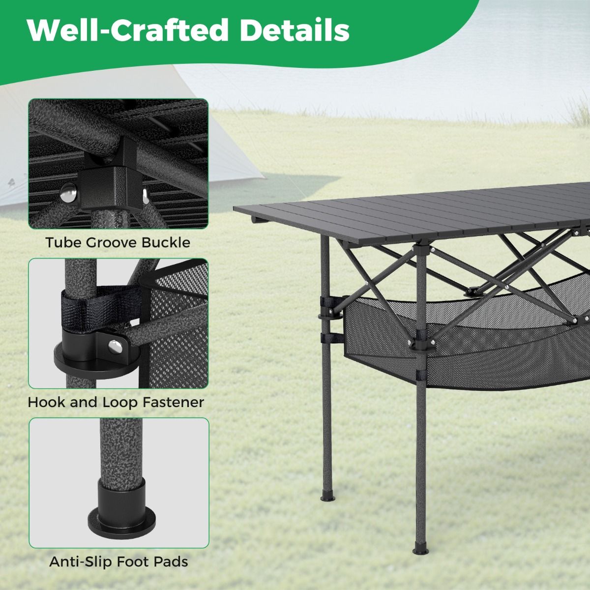 Table de camping pliable Coast - Plateau en aluminium enroulable - Avec panier en filet - Noir 119 x 56 cm