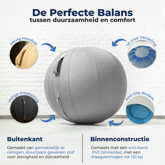 Ballon de siège Backerz 75 cm - Ballons de siège avec housse en lin - Siège de bureau ergonomique pour le bureau et la maison - Ballon de yoga haut de gamme - Gris clair