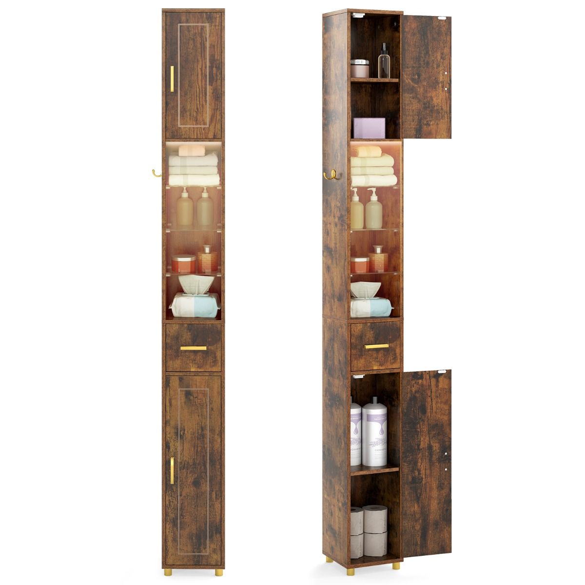 Armoire de salle de bains haute Coast - modèle étroit - avec portes et éclairage LED - marron - 20 x 20 x 181 cm