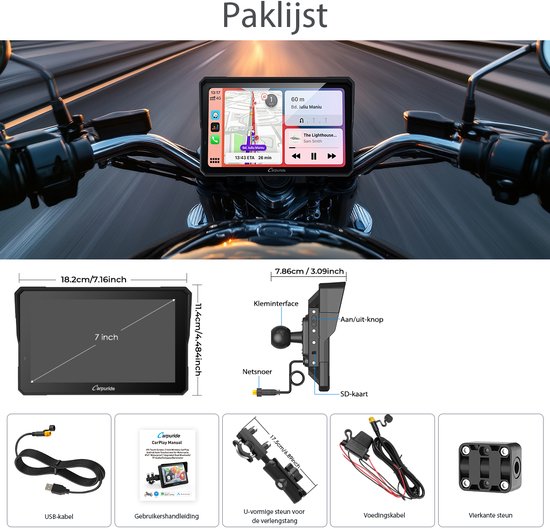 CARPURIDE W702 Pro - Écran CarPlay pour moto - fonction intercom - boussole - baromètre - écran tactile - partage de musique - double connexion Bluetooth