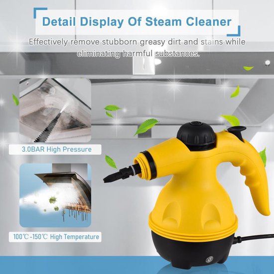 Nettoyeurs vapeur portatifs Fuegobird A001 - Nettoyeur vapeur portable 1 000 W - Détachant - Nettoyeur de tapis - 9 embouts - Sols, canapés, tapis, salle de bains et cuisine - Réservoir de 450 ml - Jaune