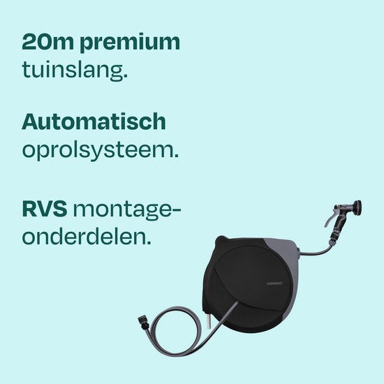 Enrouleur de tuyau automatique VONROC – boîtier mural – avec tuyau d'arrosage haut de gamme de 20 m, pistolet d'arrosage à 8 positions et raccords – noir/gris