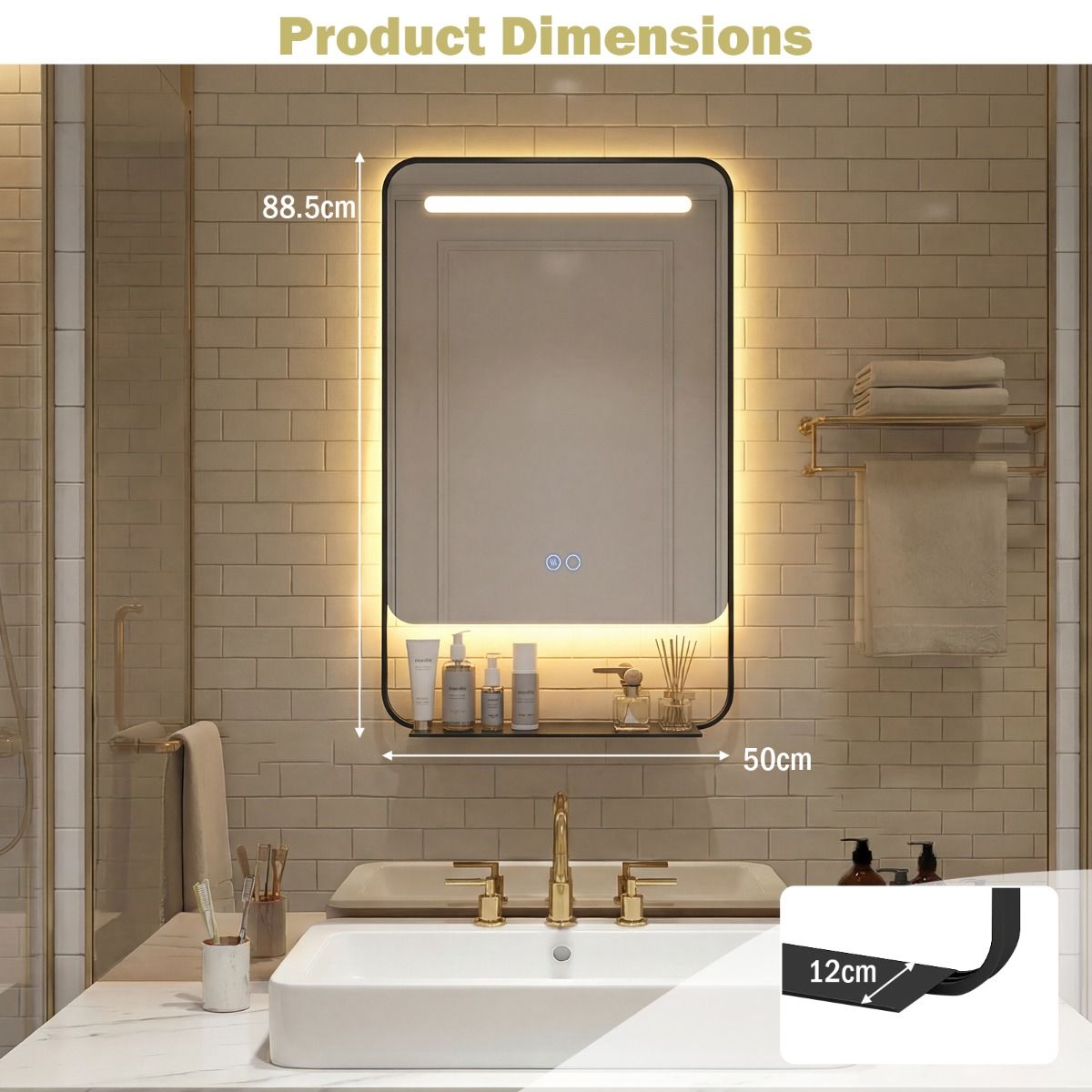 Miroir de salle de bains Coast à LED avec étagère - fonction anti-buée - température de couleur réglable - noir - 88,5 x 50 cm