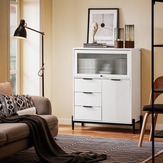 SoBuy FSB94-W Buffet - Meuble de cuisine blanc à roulettes et polyvalent