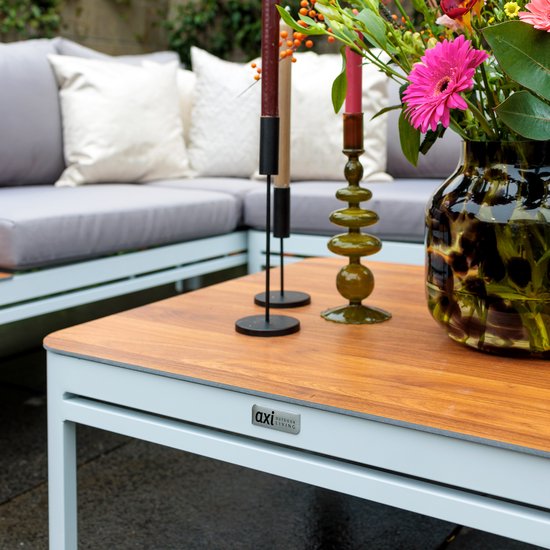 Ensemble de salon AXI Eos avec chaise longue, blanc aspect bois PSPC – Ensemble d'angle avec table – Structure en aluminium thermolaqué – Chaise longue intégrée – Plateau de table en PSPC