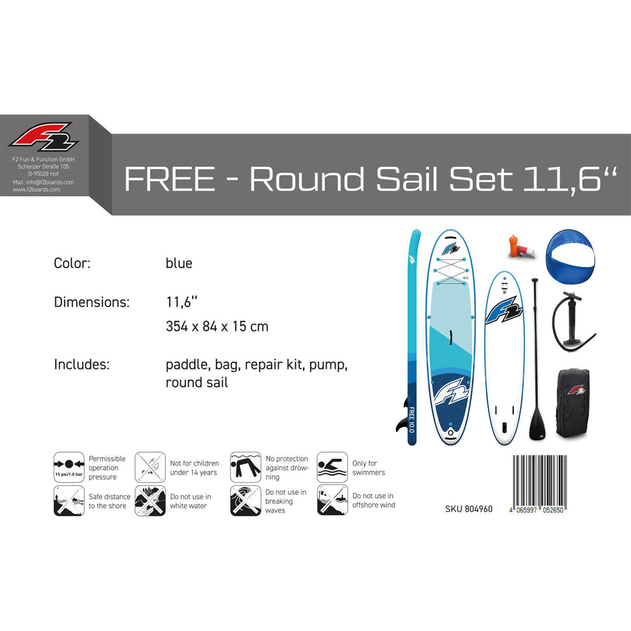 Planche de stand up paddle F2 FREE avec voile ronde – Planche de SUP gonflable – Kit complet – Bleu