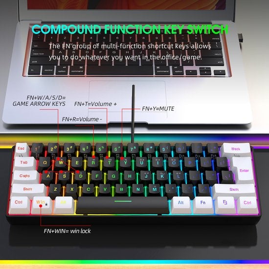 HXSJ V700 RGB Clavier de jeu compact Qwerty 61 touches Effet rétroéclairé Noir/Blanc