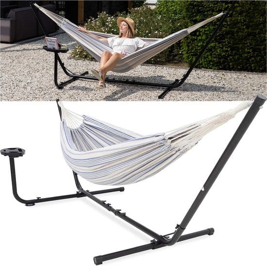 Hamac Vita5 avec support - 2 personnes - Porte-gobelet inclus - 205kg de poids - Bleu/Blanc
