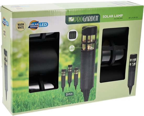 Lampes de jardin / spots à piquer Pro Garden Solar - lot de 3 - lumière blanche chaude - 7 x 28 cm - éclairage de jardin - lampes de jardin - noir - plastique