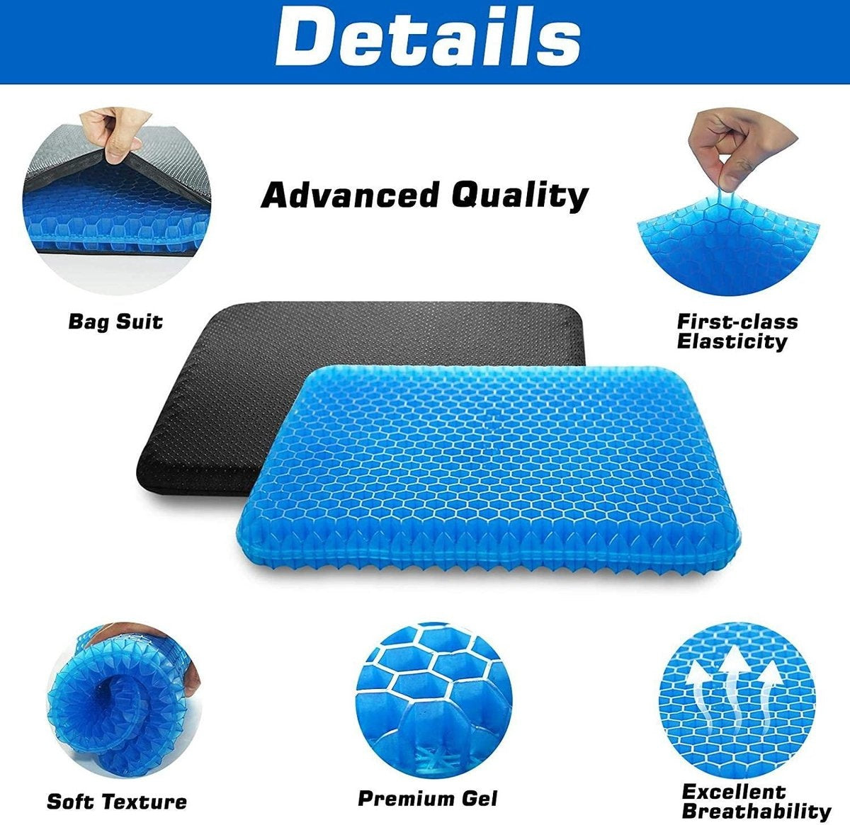 Fuegobird Gel Pillow - Coussin ergonomique - Coussin de siège orthopédique - Structure alvéolaire double couche - Avec housse de coussin - Bleu