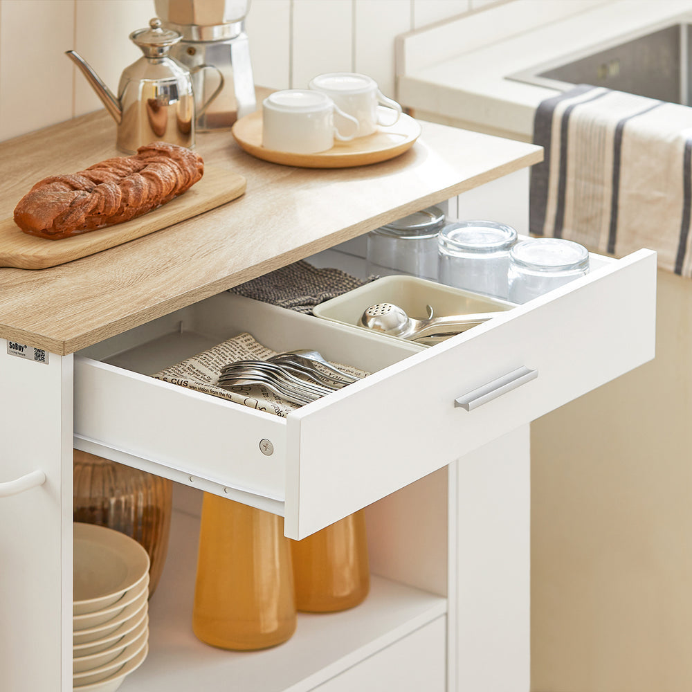 SoBuy Chariot de cuisine avec 1 tiroir, 2 portes et 3 étagères de rangement - Max. 75KG - 75 x 46 x 83 cm - Blanc