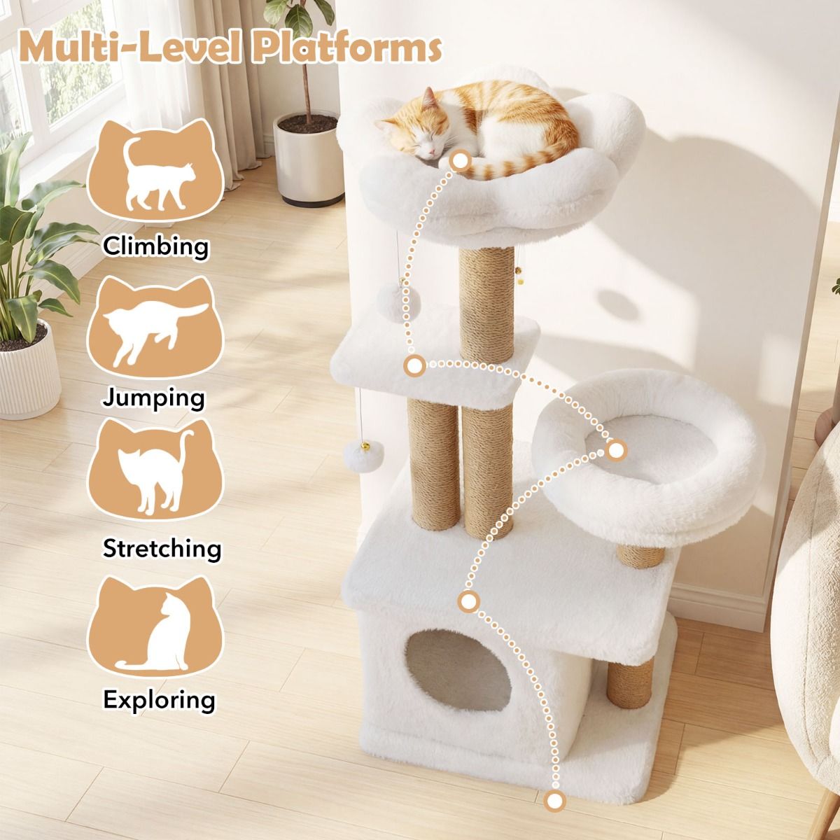 Arbre à chat Coast - plate-forme d'observation en forme de fleur - maisonnette et lit pour chat - beige 96 cm