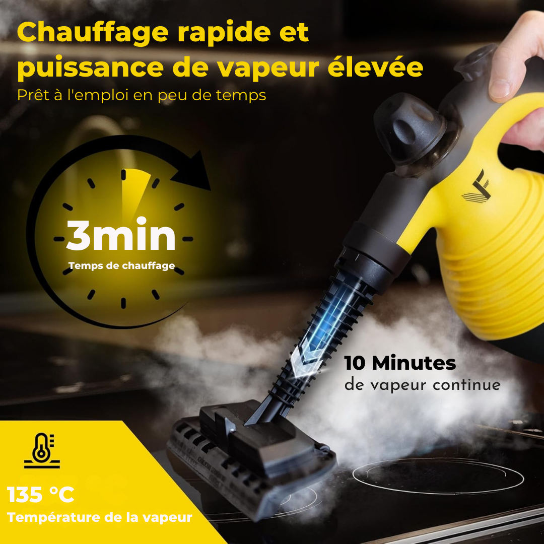 Nettoyeur vapeur à main – Réglage de la vapeur – Comprend 10 accessoires – Réservoir de 350 ml – Jaune