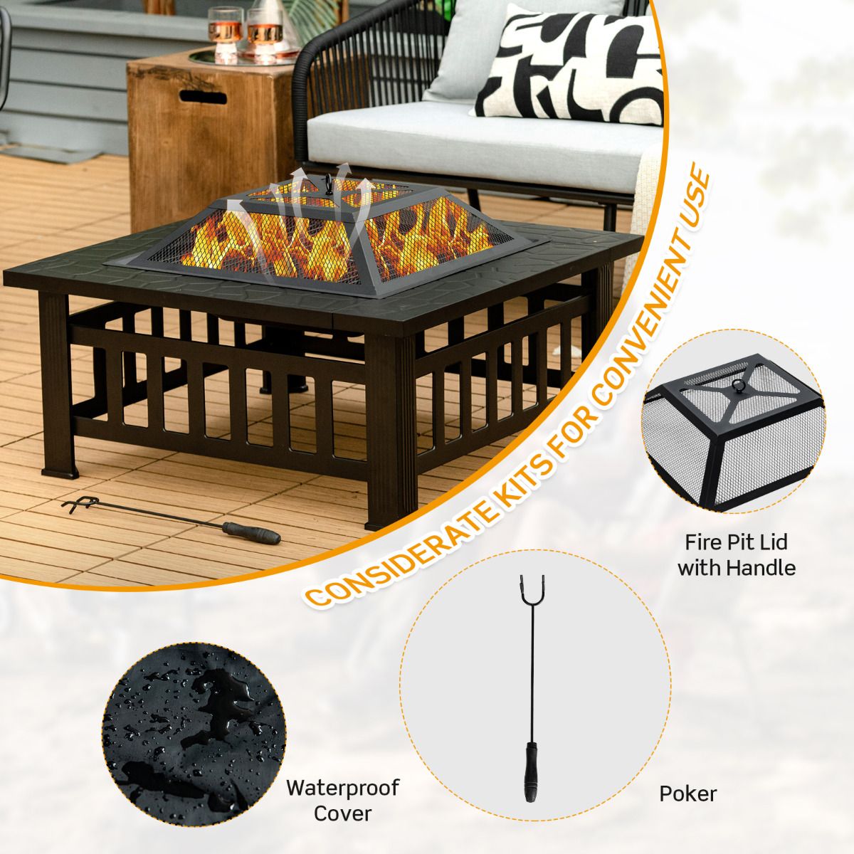 Foyer carré Coast - Table-foyer 3-en-1 - avec grille de barbecue et seau à glace - noir 81 x 81 x 50 cm